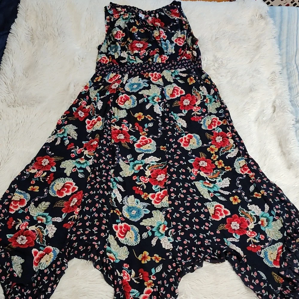 Bila Boho Sleeveless Fairycore Sundress Navy Mixed Floral Handkerchief Hem XXL - Picture 1 of 14